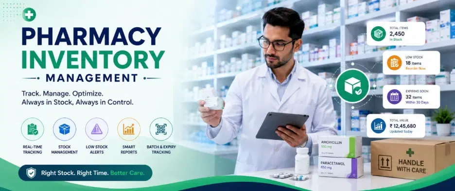 Pharmacy inventory management software dashboard tracking stock, batches, expiry dates and reorder alerts