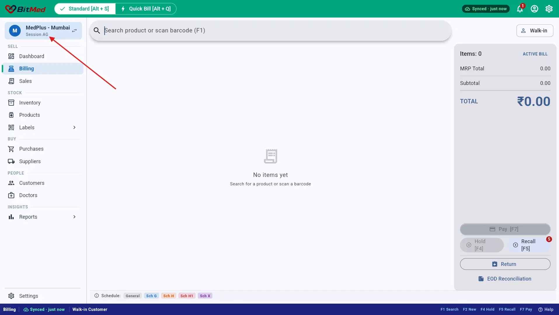 Counter session shown in the sidebar