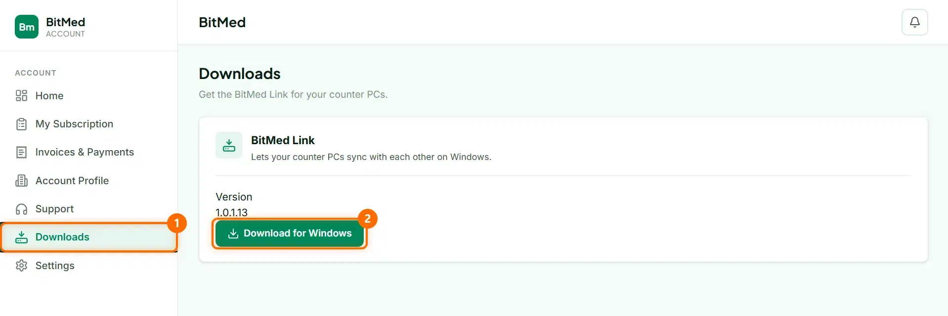 The Downloads page of the BitMed account: Downloads in the left menu is marked 1, and the Download for Windows button is marked 2