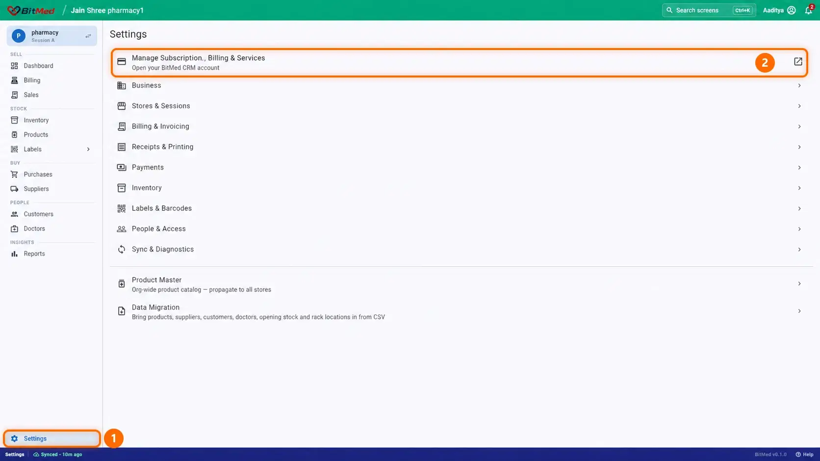 The BitMed Settings page: Settings at the bottom of the left menu is marked 1, and the subscription and billing row at the top of the page is marked 2