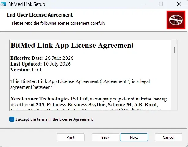 The licence page with the acceptance box ticked