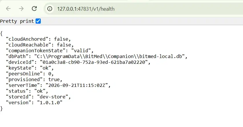 The health page in a browser tab, showing status ok