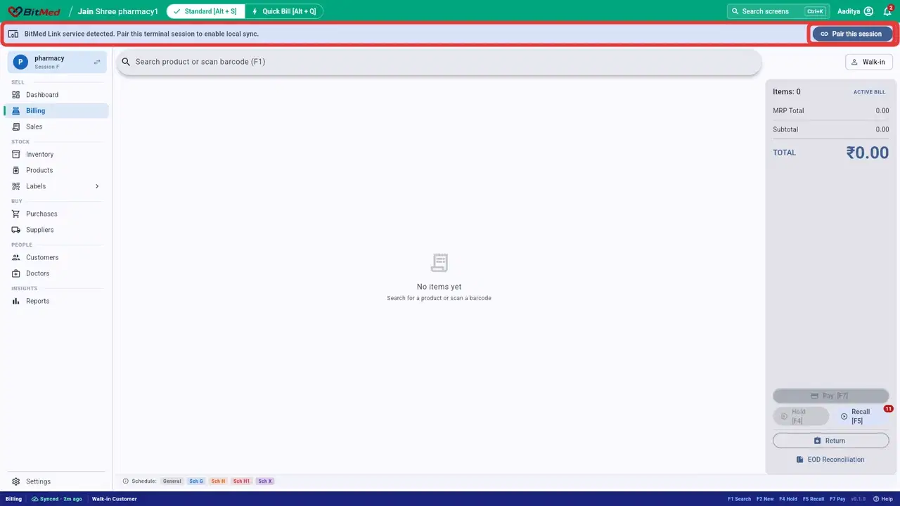 Billing screen with the BitMed Link pairing banner across the top