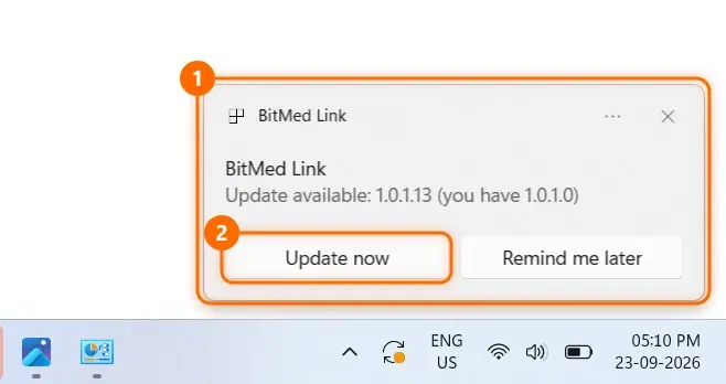 The BitMed Link update notification in the bottom-right corner of Windows (1), showing the available and installed version numbers, with the Update now button marked (2)
