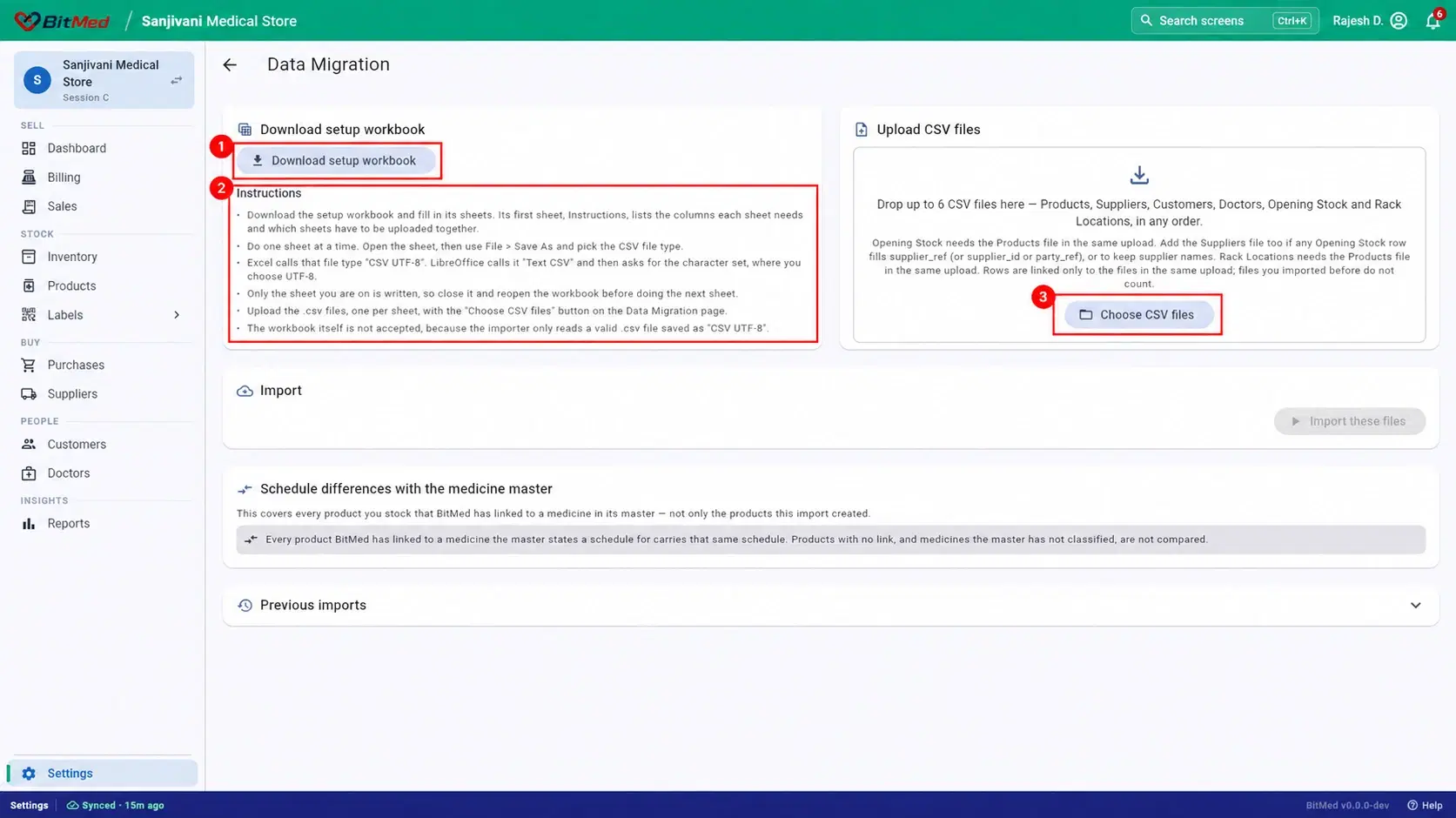 Data Migration page with workbook download, instructions and CSV chooser marked