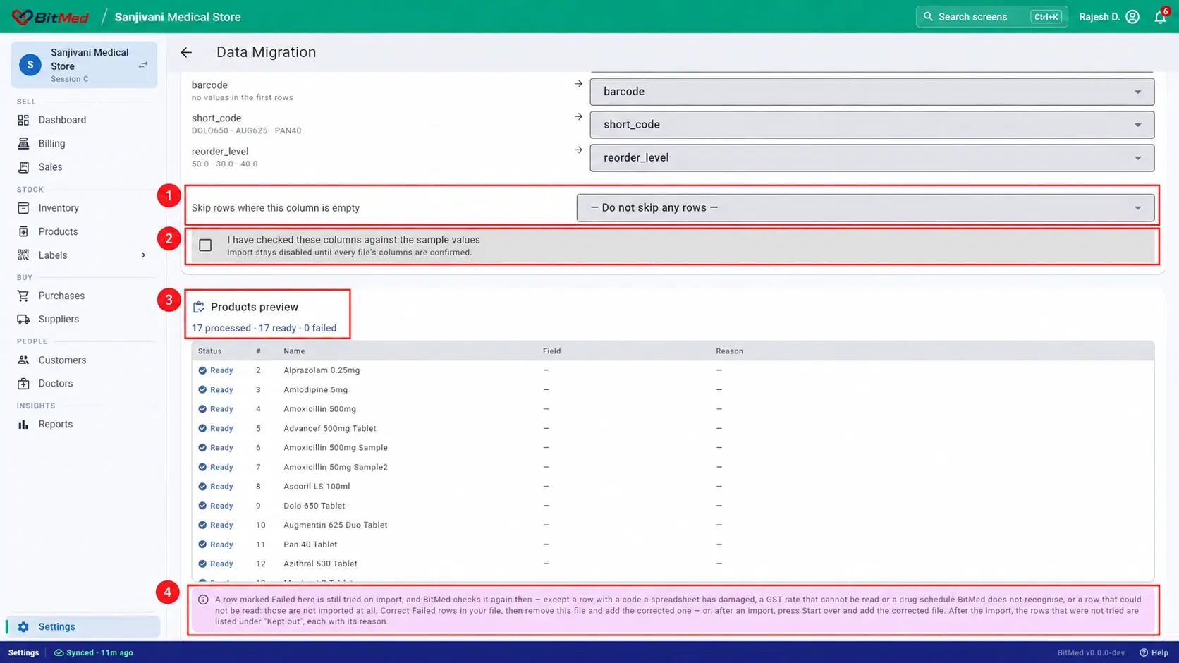 Skip rule, confirmation checkbox, Products preview and failed-row notice marked