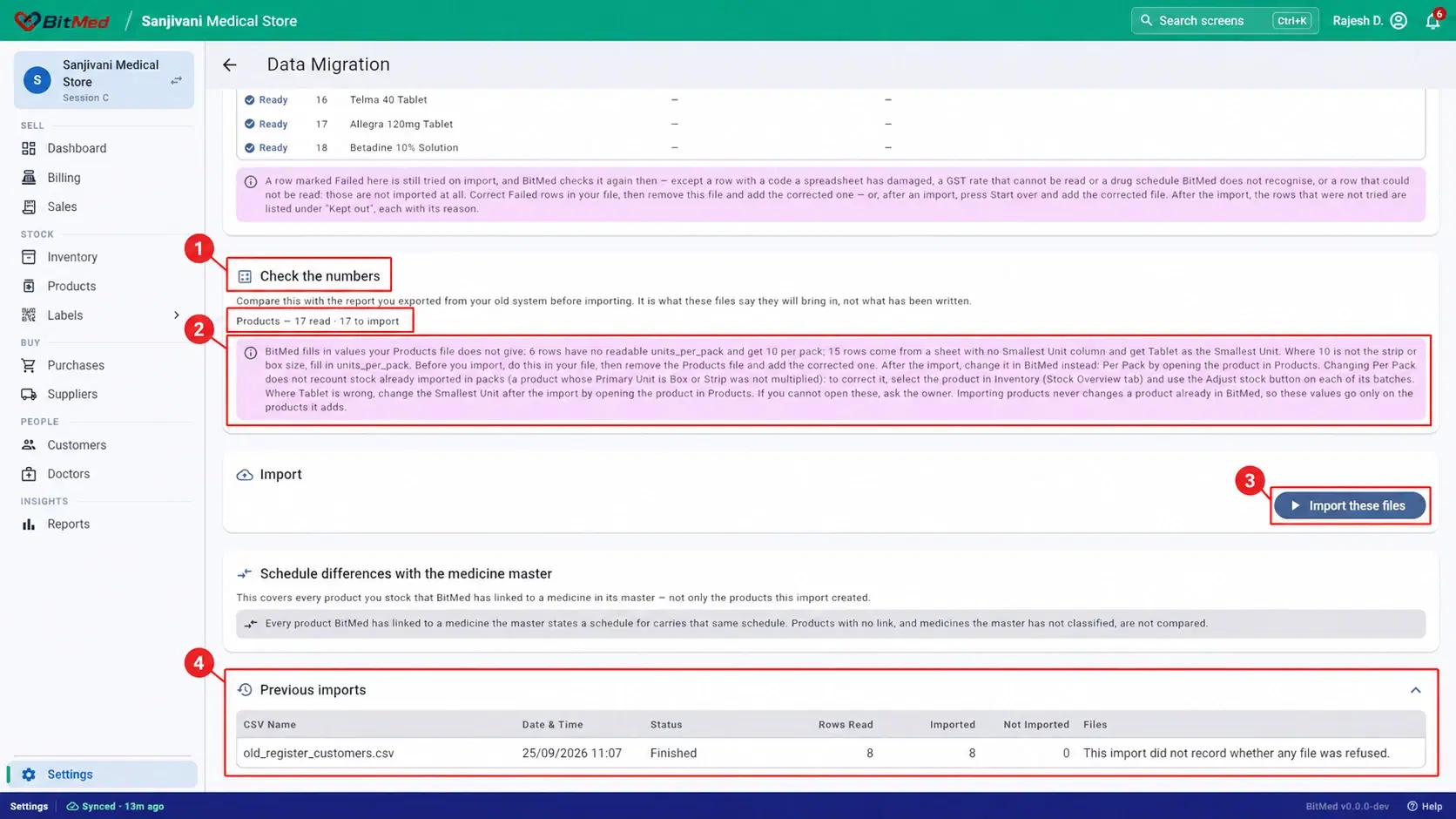 Pre-import totals, default-value warning, Import button and Previous imports marked