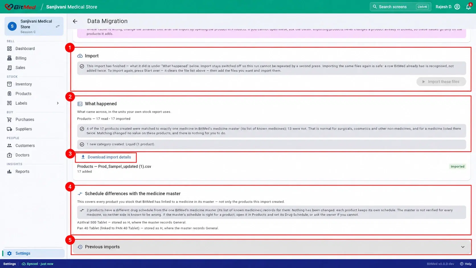 Finished import notice, actual outcome, details download, schedule differences and history marked