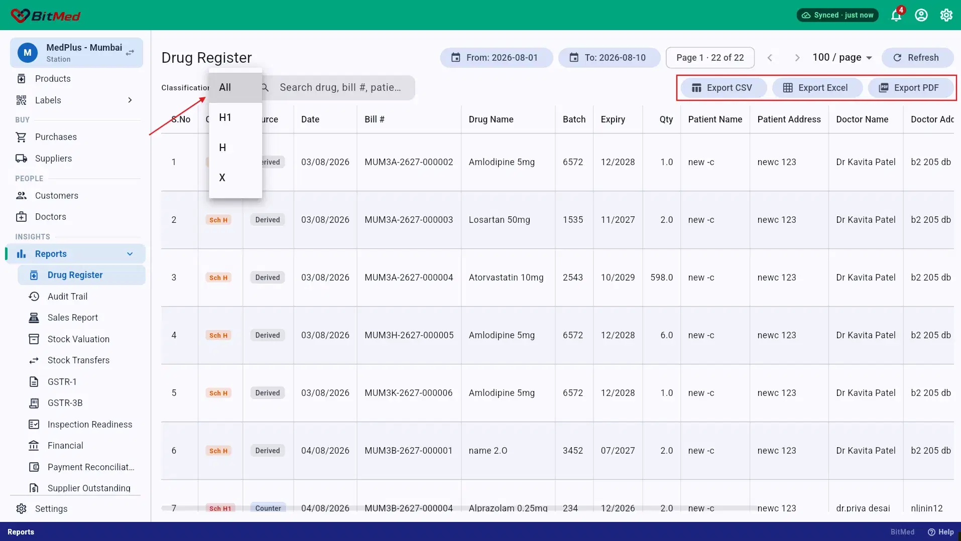 Drug register filters and export