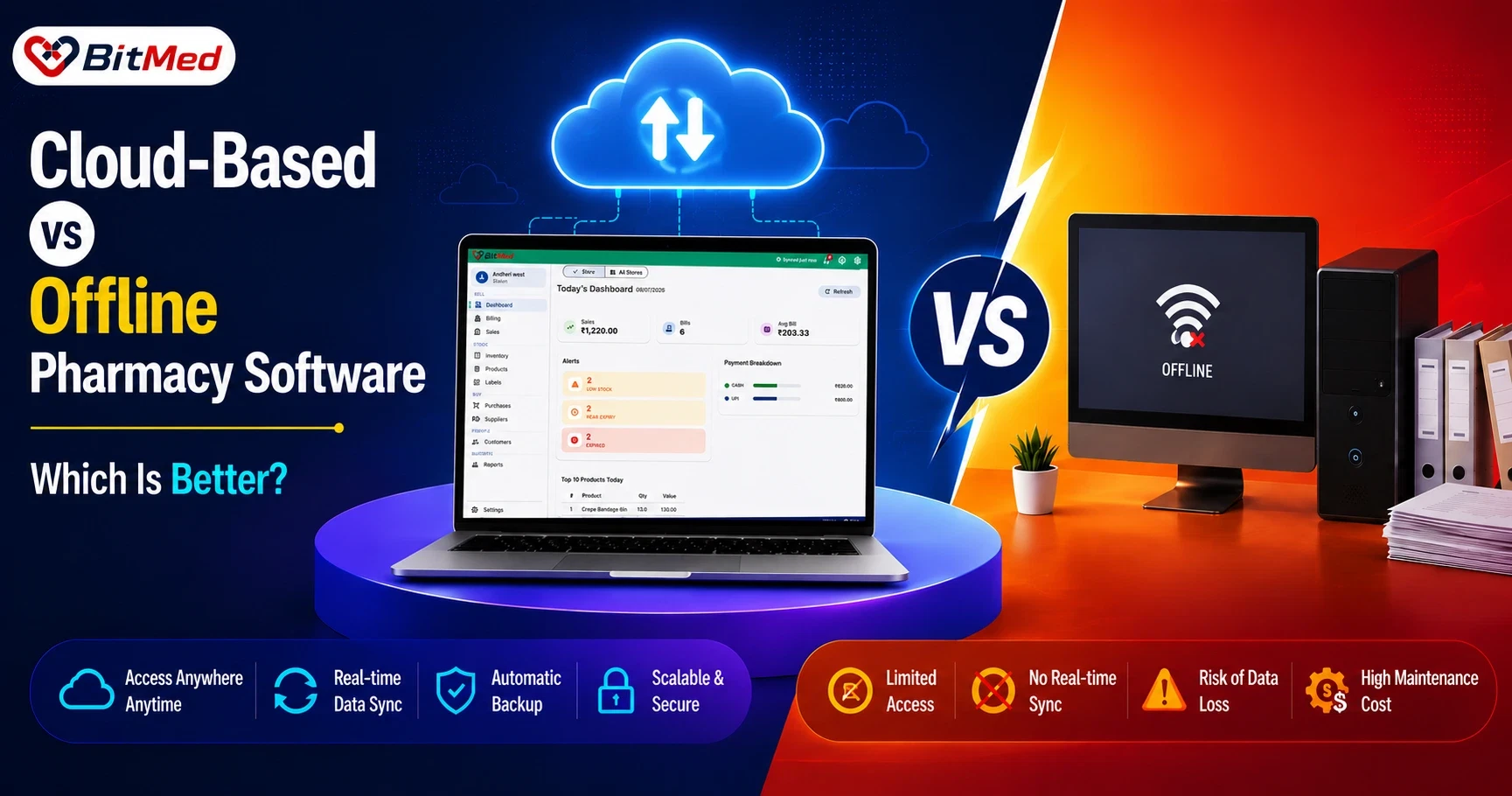 Cloud-based vs offline pharmacy software comparison — BitMed's cloud dashboard syncing in real time versus an offline desktop system with no connectivity