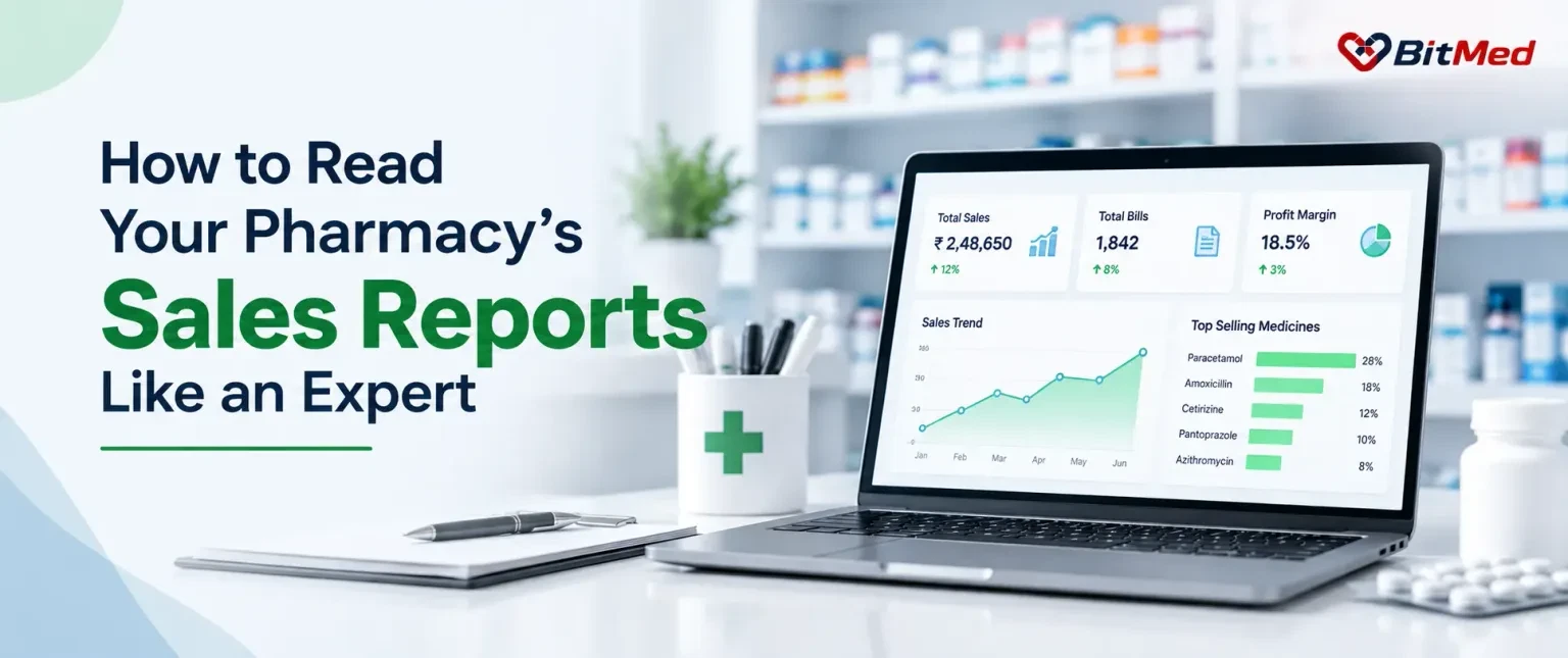 How to read your pharmacy's sales reports like an expert — a laptop on a pharmacy counter showing total sales, bill count, profit margin, a sales trend line and a top-selling medicines chart