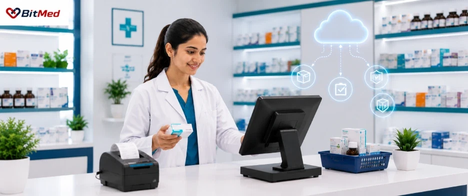 BitMed pharmacy POS system at a medical store counter with keyboard-first billing, real-time stock sync, and cloud-based checkout