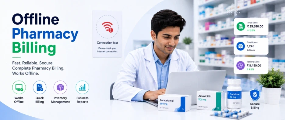 Offline Pharmacy Billing by BitMed — pharmacist billing on a laptop with the internet connection lost