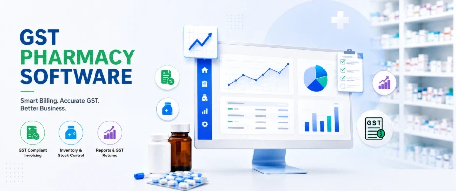 GST pharmacy software dashboard with billing, inventory control, GST invoicing, reports, and pharmacy management tools