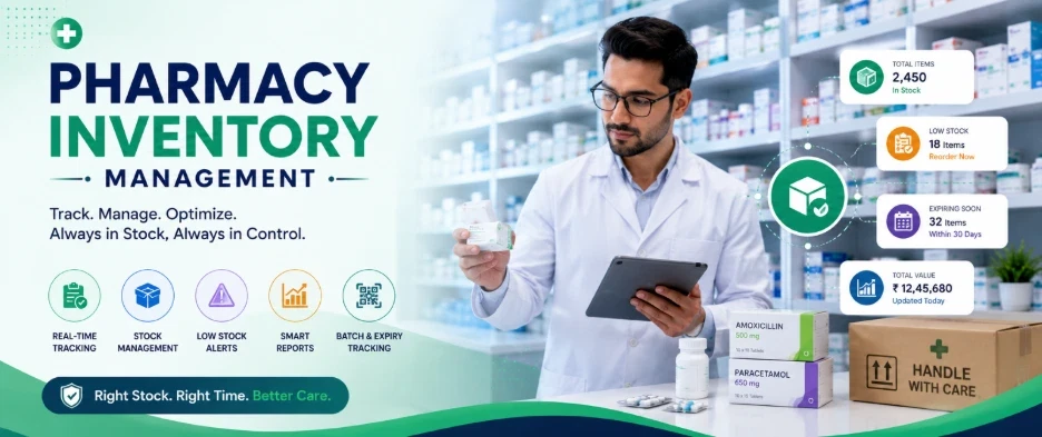 Pharmacy inventory management software dashboard tracking stock, batches, expiry dates and reorder alerts