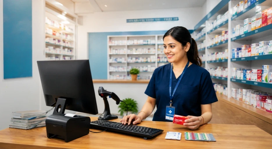 BitMed pharmacy management software for Indian medical stores — pharmacist billing at a chemist shop counter