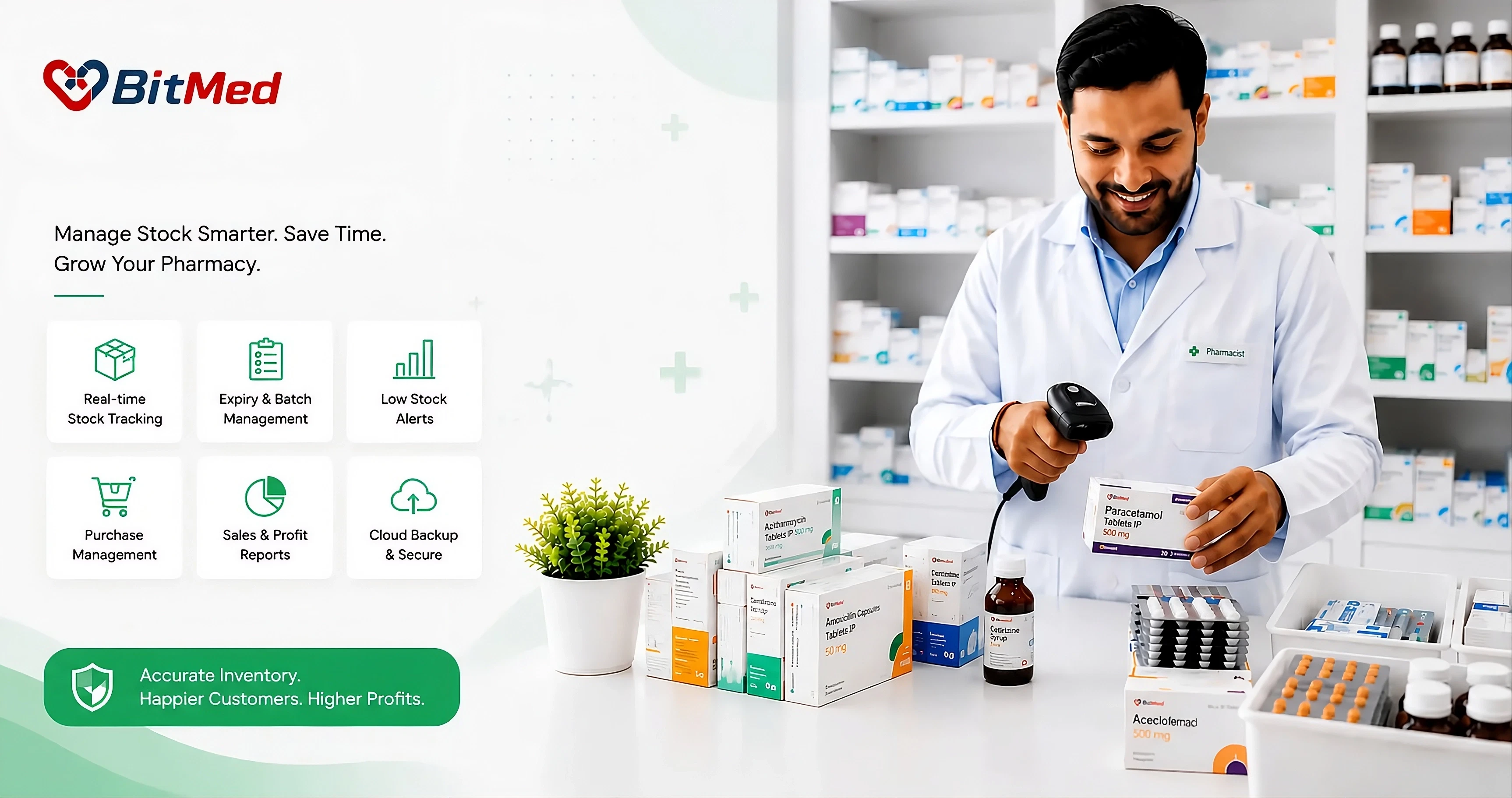 BitMed pharmacy inventory software dashboard showing real-time stock, batch-wise expiry tracking, and low-stock reorder alerts