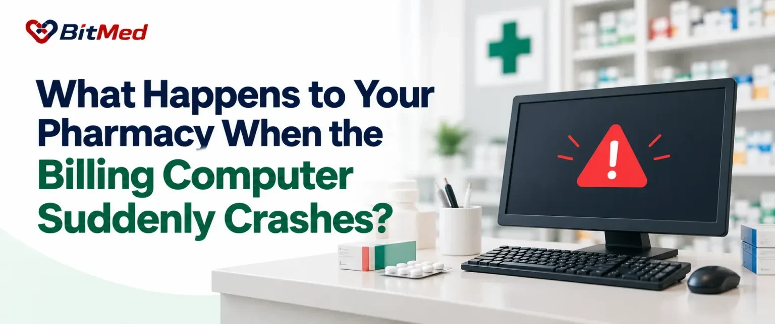 What Happens to Your Pharmacy When the Billing Computer Suddenly Crashes? A pharmacy counter computer showing a red warning symbol, beside medicine boxes and a keyboard