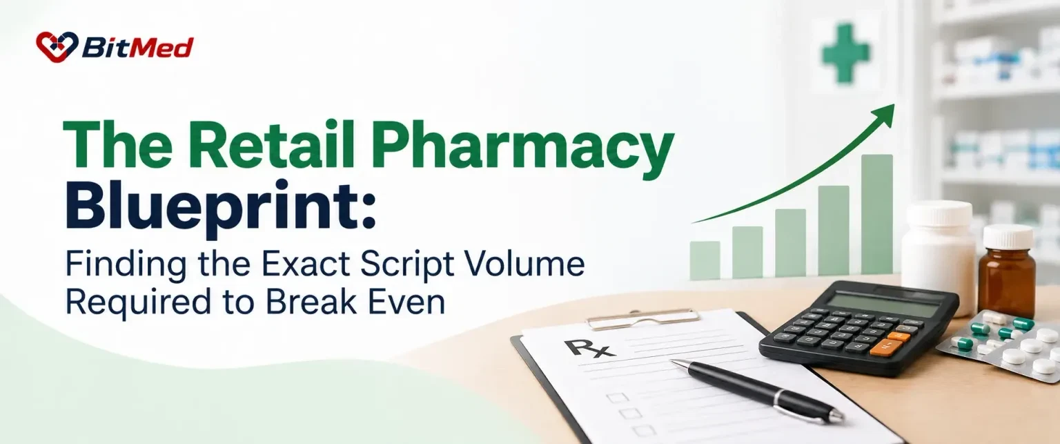 The Retail Pharmacy Blueprint: finding the exact script volume required to break even — a prescription pad, calculator and medicine bottles beside a rising bar chart