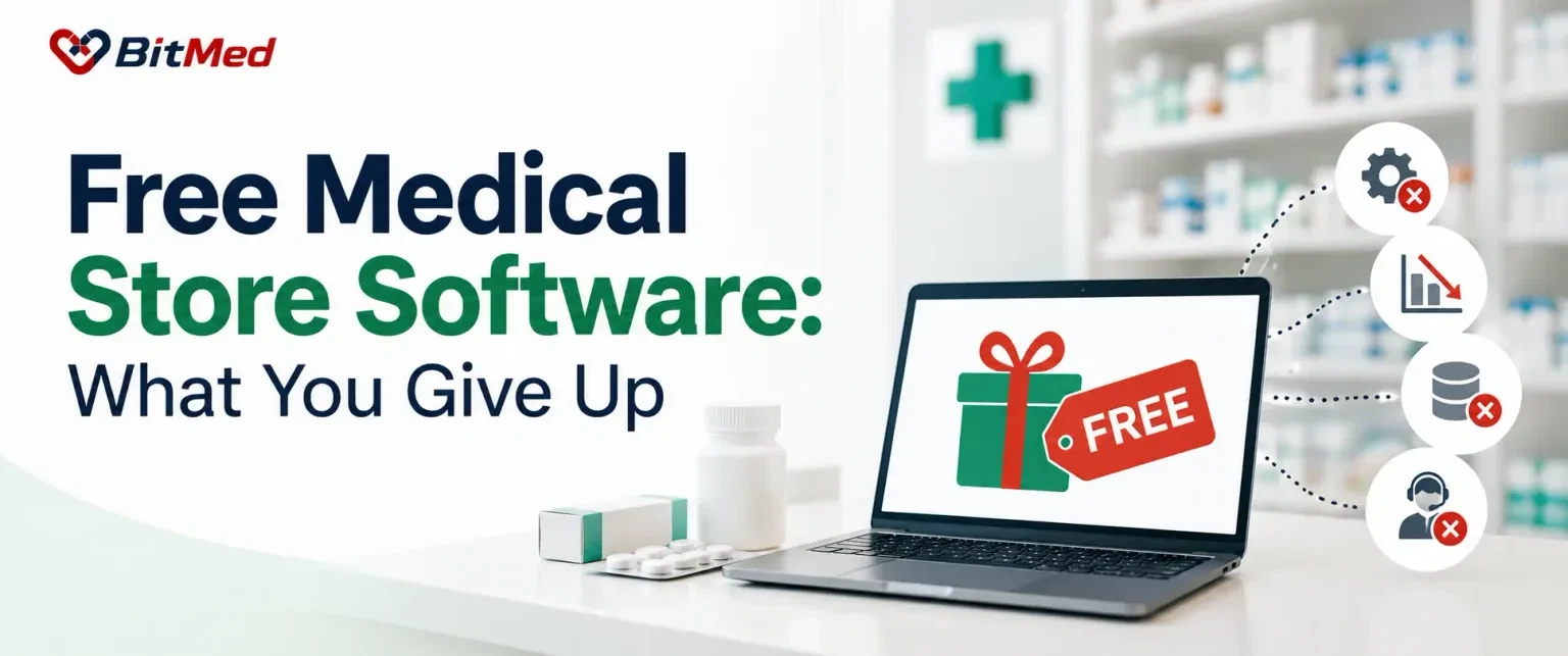 Free medical store software: what you give up — a laptop on a pharmacy counter showing a gift box with a FREE tag, linked to icons for settings, falling reports, data and support, each marked with a cross