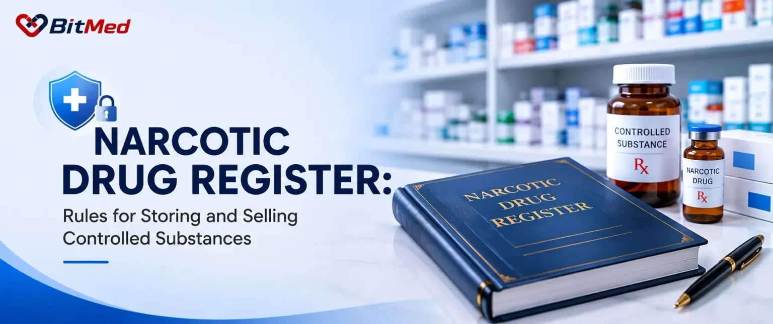 A bound register open on a pharmacy counter beside labelled controlled-substance and narcotic drug bottles.