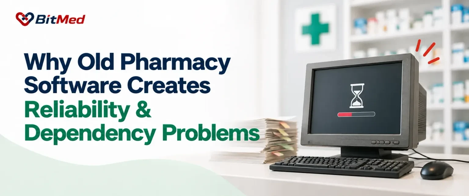 Why Old Pharmacy Software Creates Reliability & Dependency Problems: an old CRT computer on a pharmacy counter showing an hourglass and a stalled progress bar, beside a stack of paper files