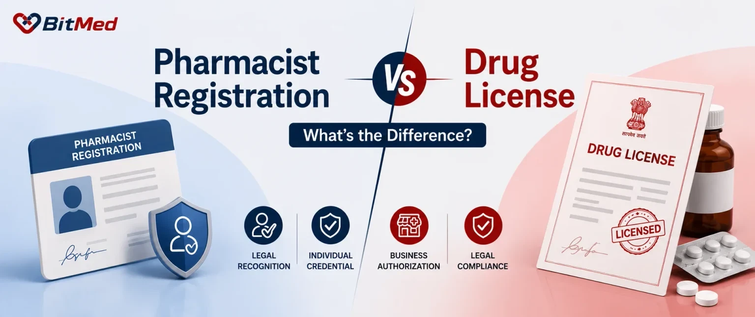 Pharmacist Registration vs Drug License — a pharmacist registration card beside a government-issued drug licence certificate.