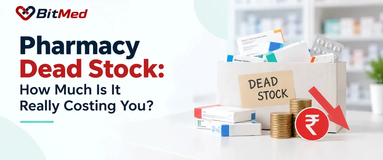 Pharmacy dead stock — a carton of unsold medicine strips labelled DEAD STOCK beside stacked coins and a falling rupee arrow