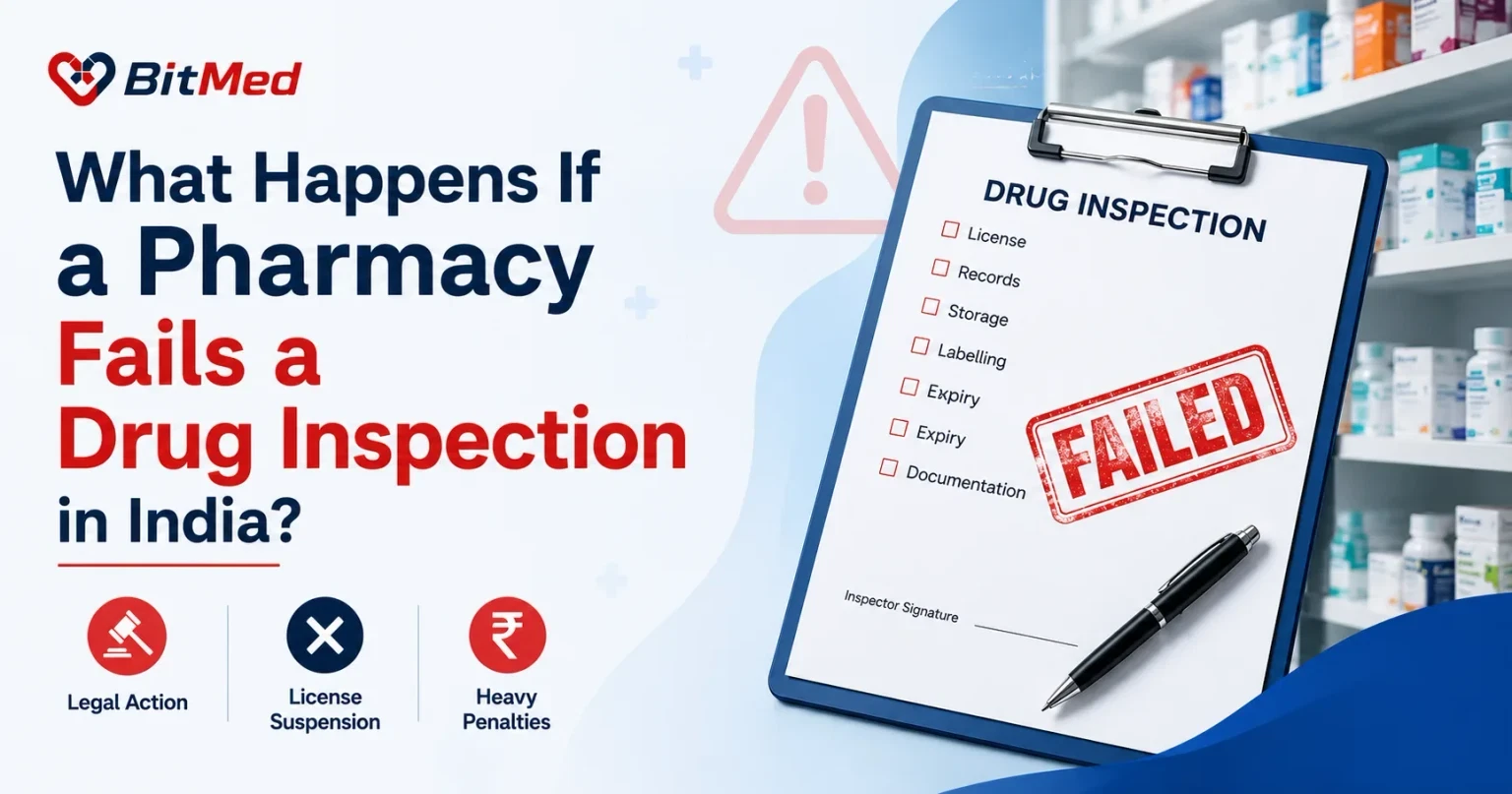 What happens if a pharmacy fails a drug inspection in India — a drug inspection checklist stamped FAILED on a clipboard beside pharmacy shelves.
