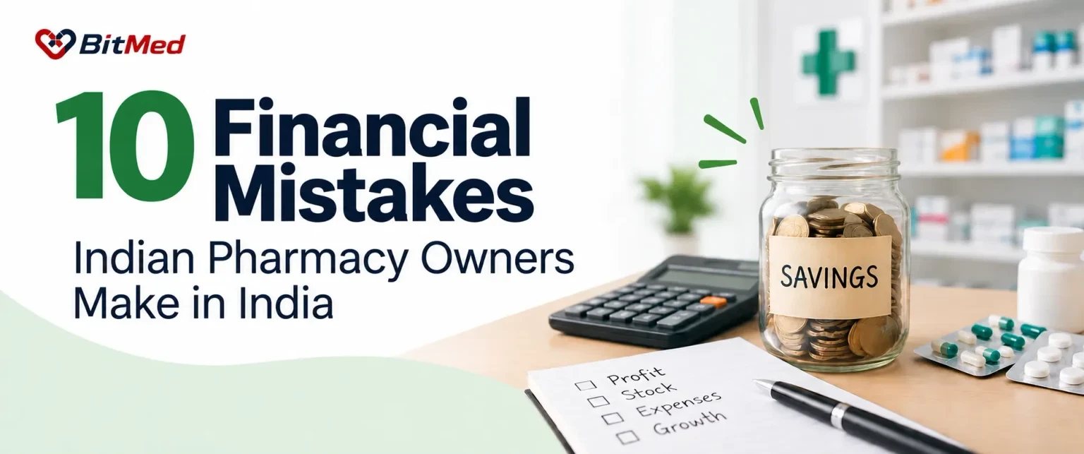 10 financial mistakes Indian pharmacy owners make — a savings jar, calculator and a checklist reading profit, stock, expenses, growth on a pharmacy counter