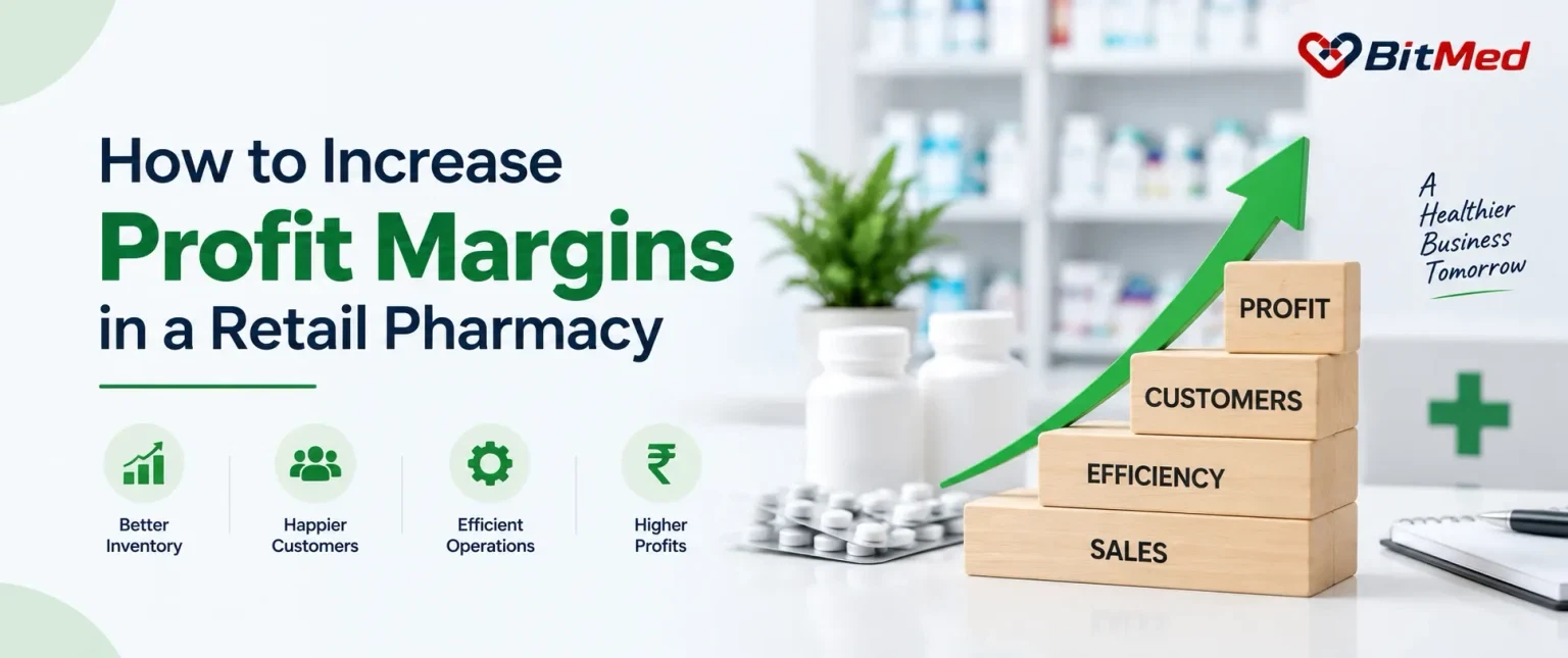 How to increase profit margins in a retail pharmacy — wooden blocks reading sales, efficiency, customers and profit under a rising green arrow on a pharmacy counter