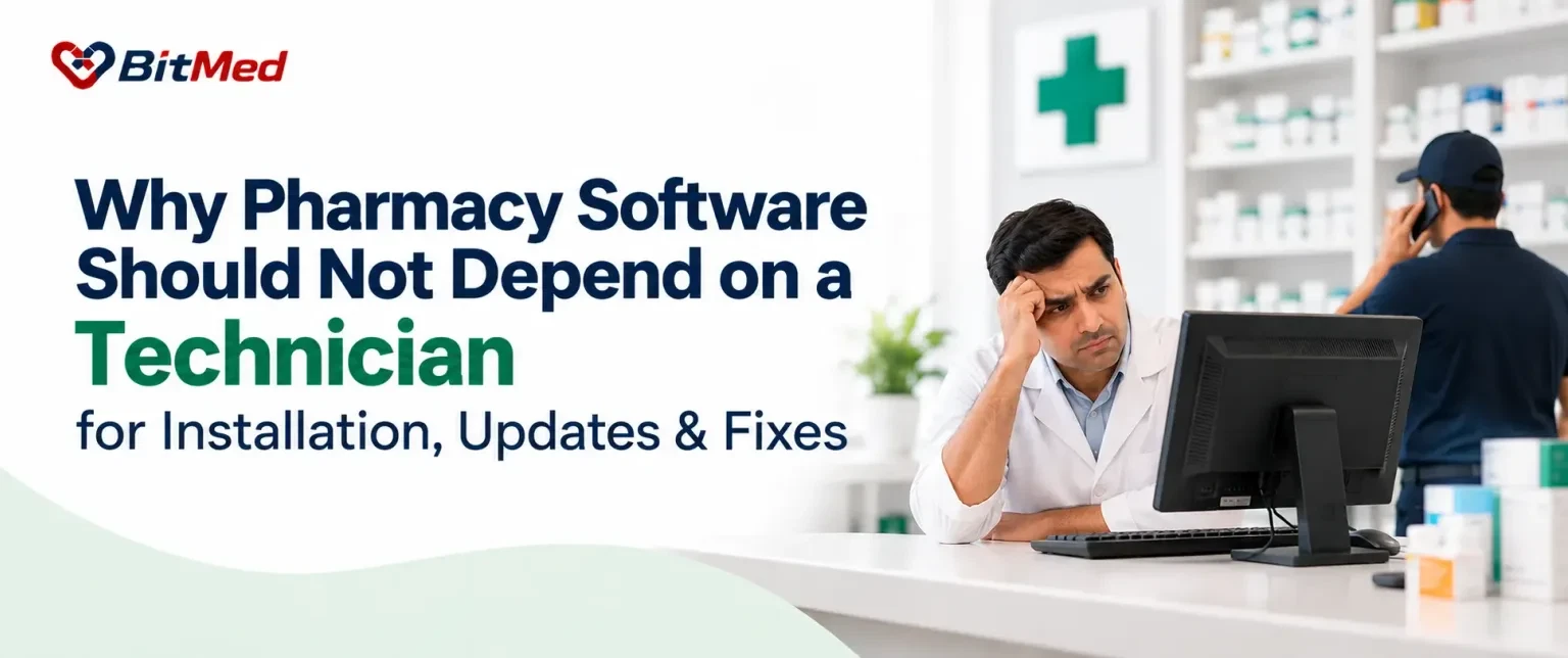 Worried pharmacist at a billing computer while a colleague phones for technical help
