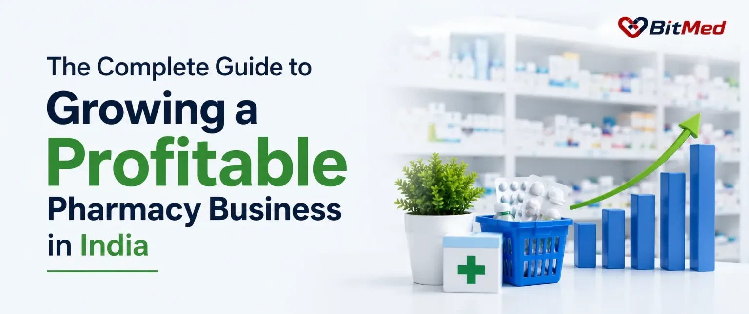 Growing a profitable pharmacy business in India — a medicine basket and pharmacy shelves beside a rising growth chart