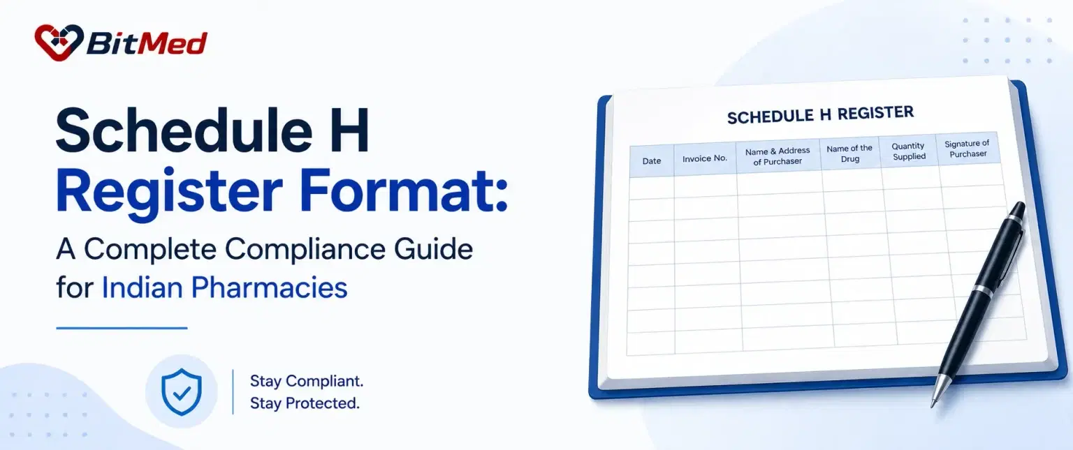 Schedule H Register Format: A Complete Compliance Guide for Indian Pharmacies — a ruled Schedule H register with columns for date, invoice number, purchaser, drug, quantity and signature.
